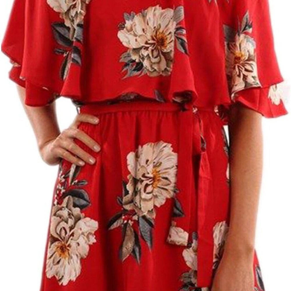 Women's Floral Off Shoulder Boho Mini Dress with Belt for Casual Summer